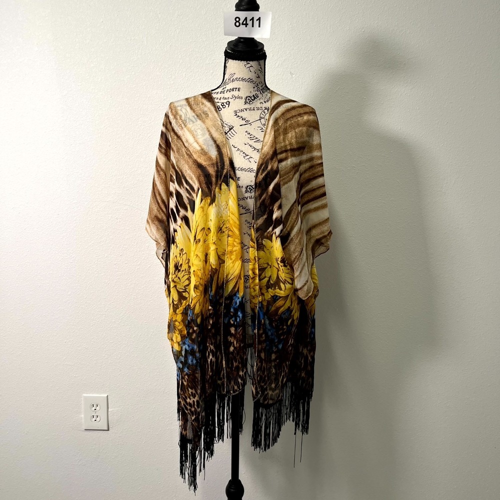 Women Kimono Cardigan OS Multicolor Floral Animal Print Fringe Hem Boho Beach